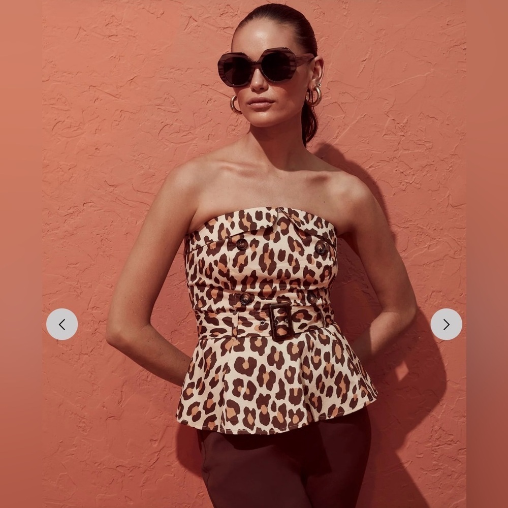 New York & Company Strapless Poplin Belted Top in Leopard Print, size M, NWT!